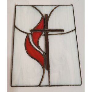 Cross And Flame Stained Glass Window Hanging Sun Catcher 8x6”